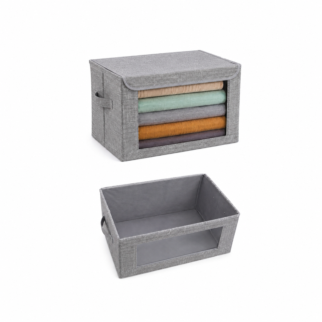Foldable Cloth Organizer Storage Box for Wardrobe, Closet Basket Bin Organiser for Books, Toys, Other Supplies With Lid (Grey)