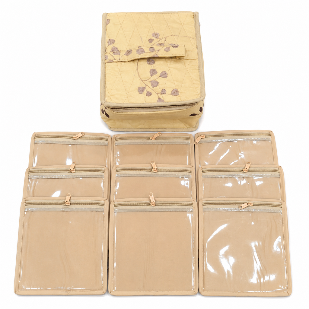 Jewellery Organizer Box with 6 Transparent Zipper Pouches & Satin Storage Case