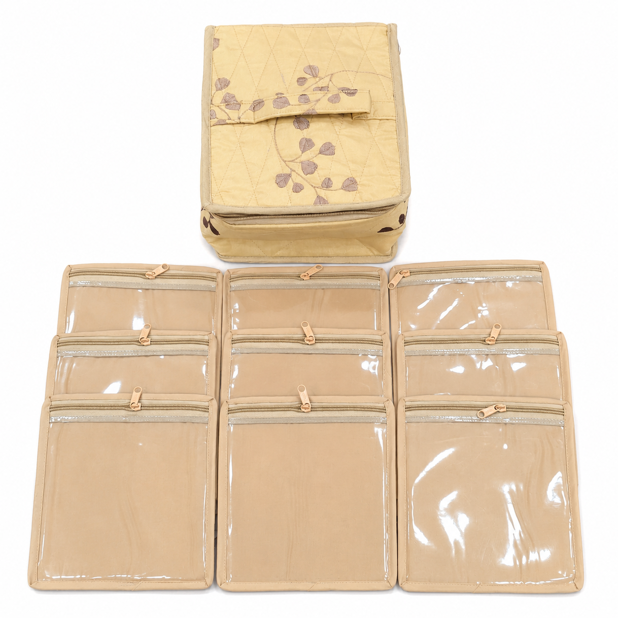 Jewellery Organizer Box with 6 Transparent Zipper Pouches & Satin Storage Case