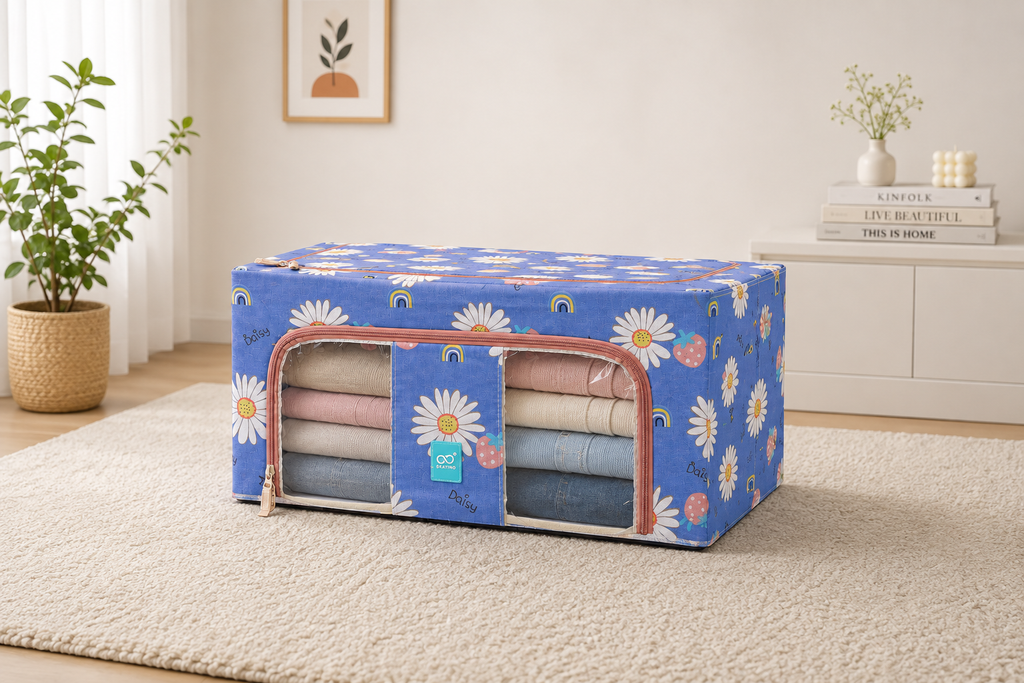 Foldable Steel Frame Clothes Storage Organizer Bag with Zipper & Transparent Window | Premium Oxford Fabric Storage Box for Wardrobe, Closet, Sarees, Blankets, Bed Sheets & Clothes