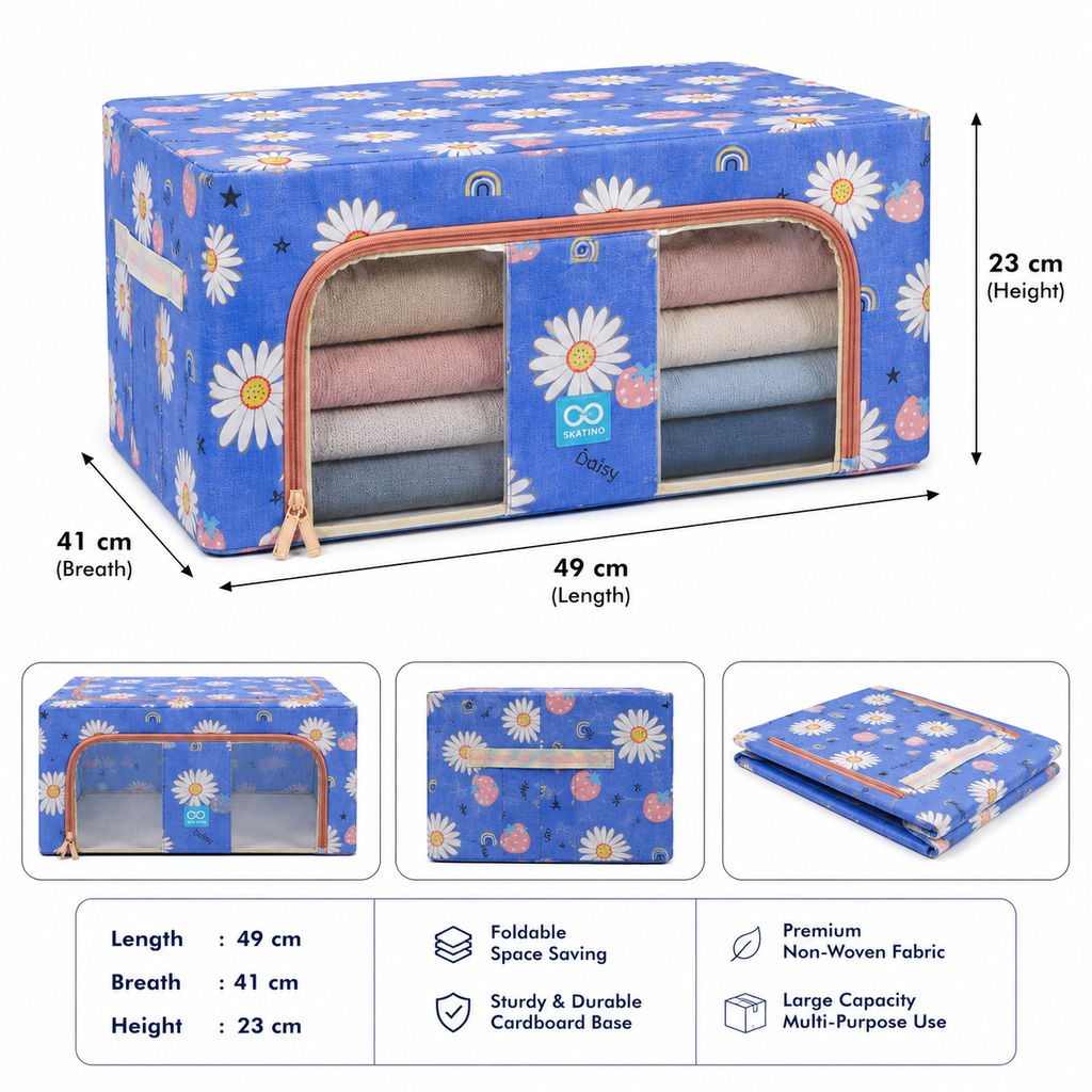 Foldable Steel Frame Clothes Storage Organizer Bag with Zipper & Transparent Window | Premium Oxford Fabric Storage Box for Wardrobe, Closet, Sarees, Blankets, Bed Sheets & Clothes