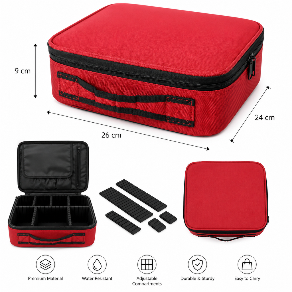 Professional Makeup Organizer Case with Adjustable Compartments, Travel Cosmetic Storage Bag for Women & Girls, Portable Vanity Pouch with Brush Holder, 9 x 26 x 24 Inches (Red)