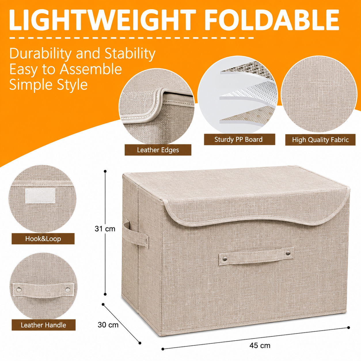 Collapsible Storage Box with Lid, Fabric Storage Box for Clothes, Wardrobe Storage (31x 45 x 30 cm) Grey