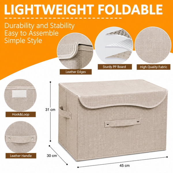 Collapsible Storage Box with Lid, Fabric Storage Box for Clothes, Wardrobe Storage (31x 45 x 30 cm) Grey