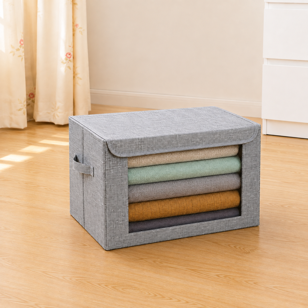 Foldable Cloth Organizer Storage Box for Wardrobe, Closet Basket Bin Organiser for Books, Toys, Other Supplies With Lid (Grey)