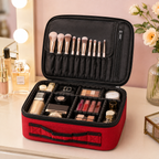 Professional Makeup Organizer Case with Adjustable Compartments, Travel Cosmetic Storage Bag for Women & Girls, Portable Vanity Pouch with Brush Holder, 9 x 26 x 24 Inches (Red)