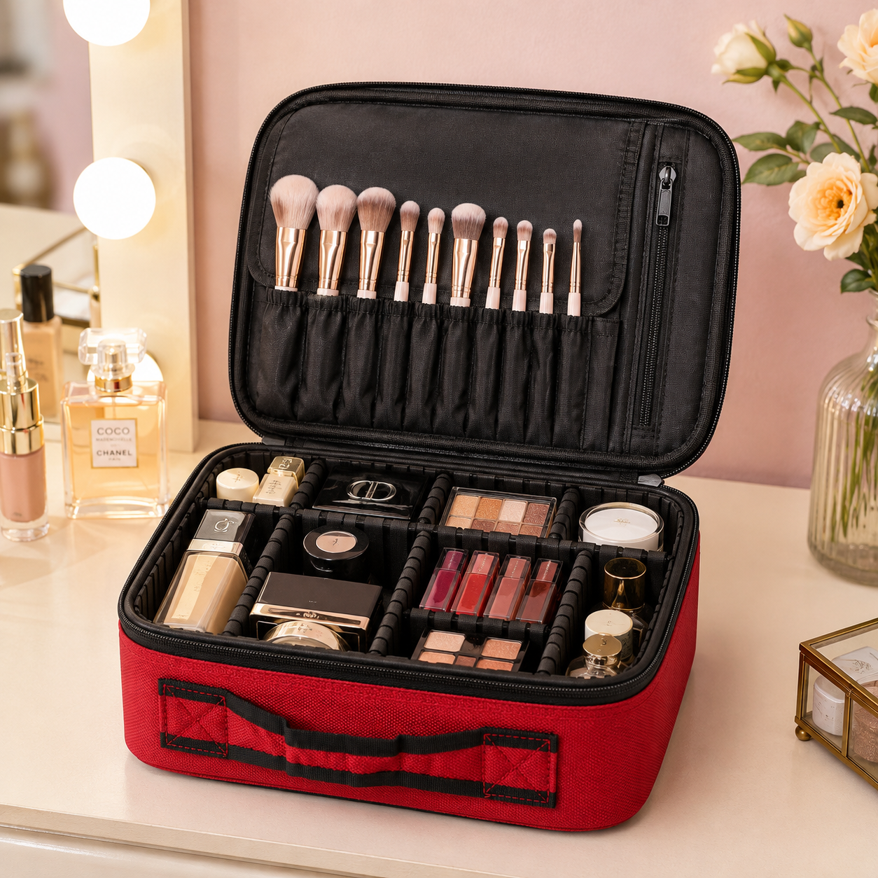 Professional Makeup Organizer Case with Adjustable Compartments, Travel Cosmetic Storage Bag for Women & Girls, Portable Vanity Pouch with Brush Holder, 9 x 26 x 24 Inches (Red)