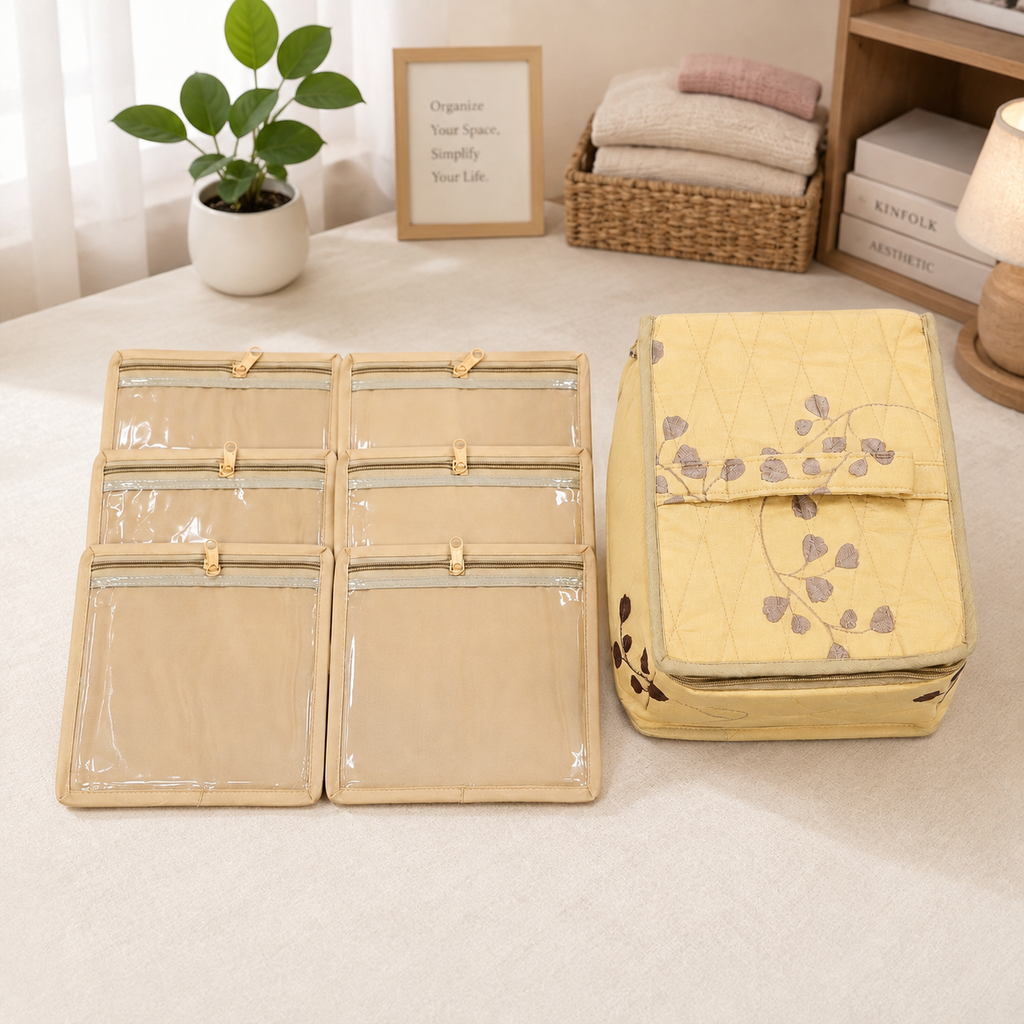 A beige fabric organizer set displayed on a light tablecloth, featuring a folded set of six clear-front pockets and a matching yellow storage bag with a floral vine print. The background shows a small potted plant, a framed sign, and a basket of folded towels.