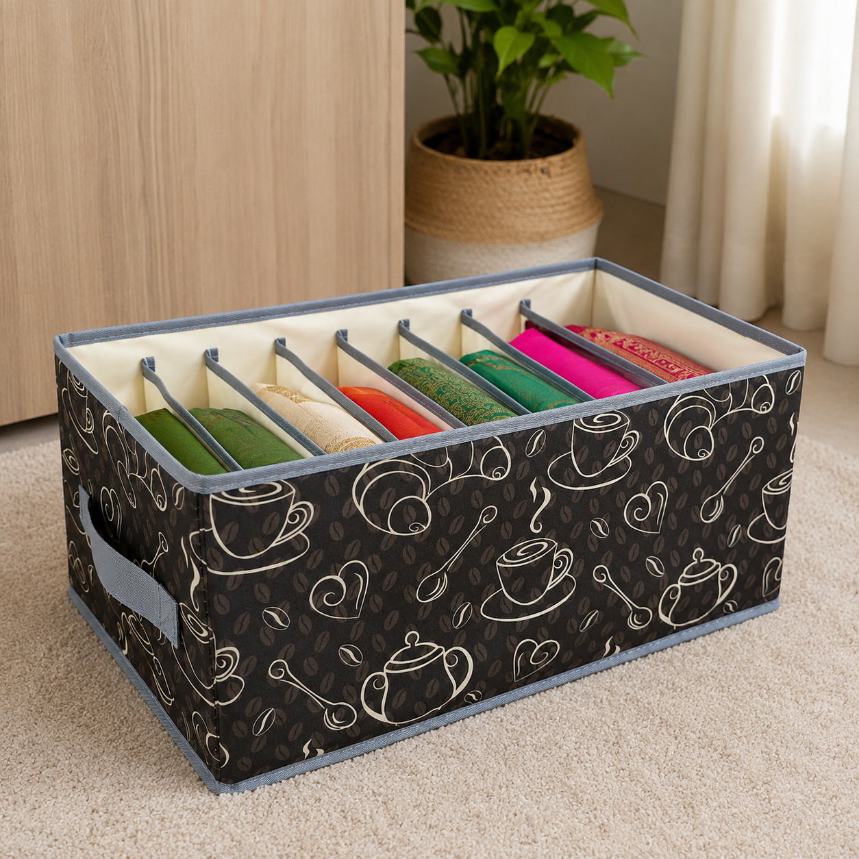 8 Grid Cloth Organizer Box with Transparent Waterproof Lid | Foldable Storage Box for Jeans, T-Shirts, Sarees, Towels & Winterwear | Wardrobe, Closet & Underbed Storage | White (Set Of 2)