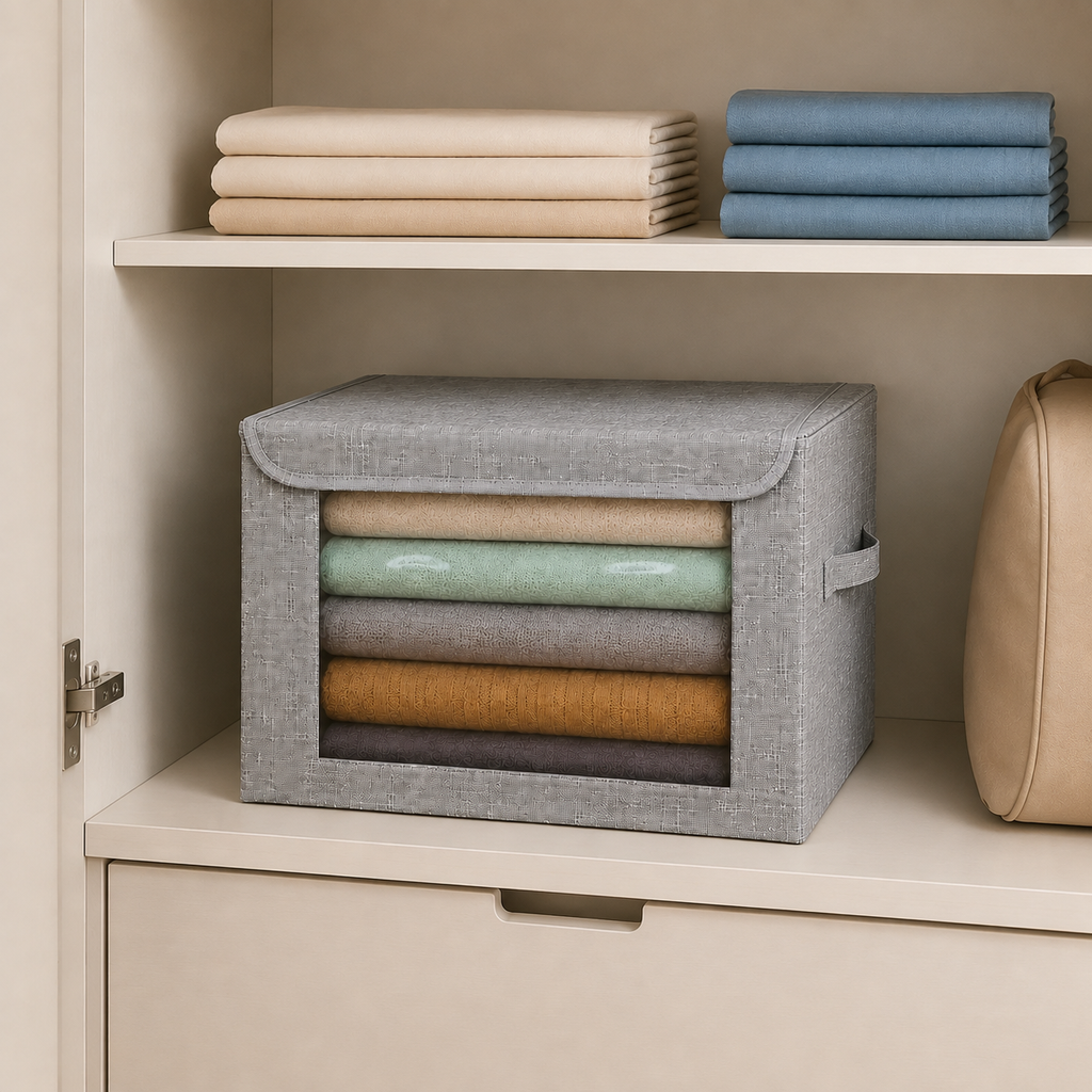 Foldable Cloth Organizer Storage Box for Wardrobe, Closet Basket Bin Organiser for Books, Toys, Other Supplies With Lid (Grey)