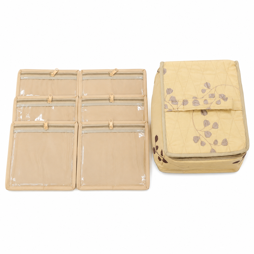 Jewellery Organizer Box with 6 Transparent Zipper Pouches & Satin Storage Case