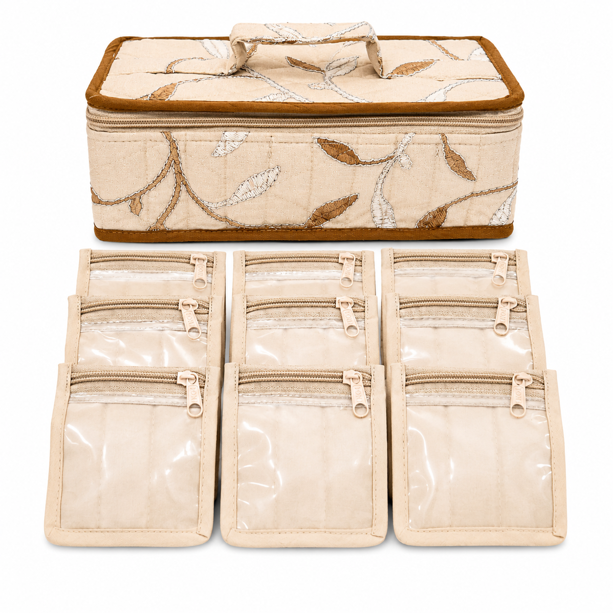 Floral multipurpose storage organizer box with 3 transparent zipper pouches, carry handle, 27 × 13 × 11 cm